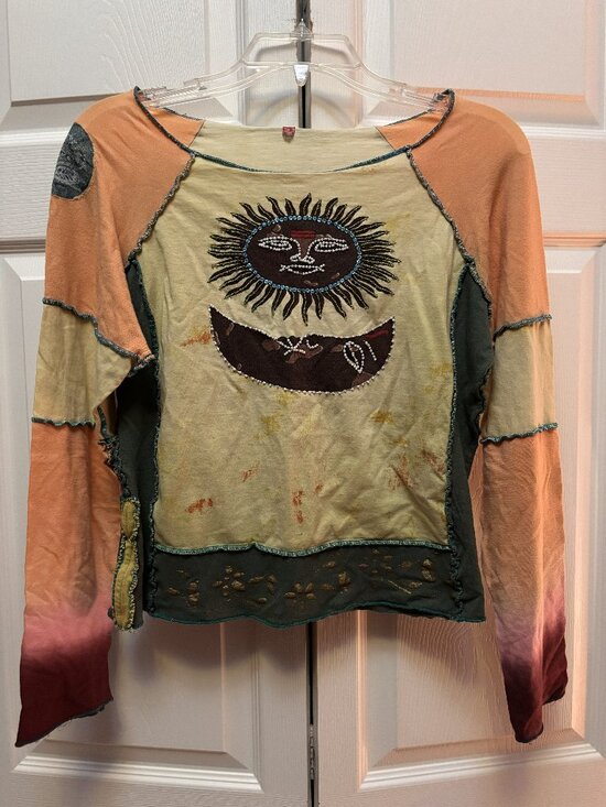 Source Unknown Tops - Boho Patchwork Sun Moon Beaded Top Small Art To Wear Fairy Grunge